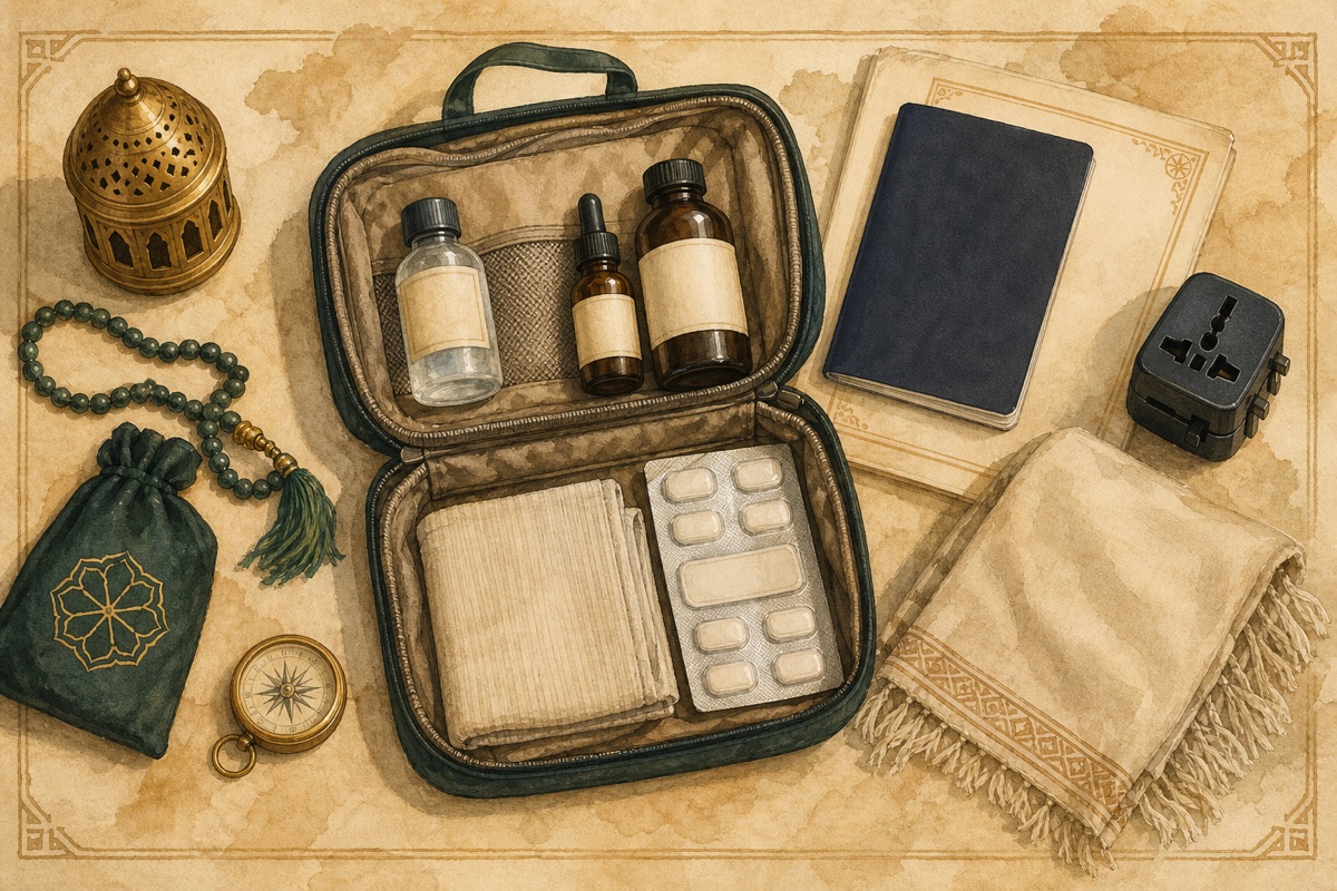 Logistics mood image: an open travel kit with passport, prayer beads, brass compass, medicine, and folded towel.