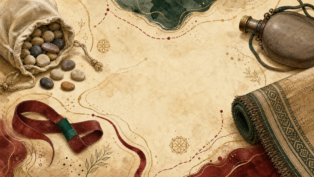 Hajj mood image: a sack of pebbles, a strap of iḥrām cloth, a worn waterskin, and a small carpet on parchment.