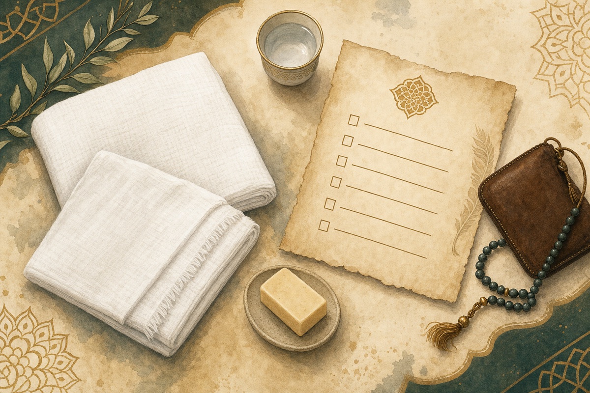 Pre-departure mood image: folded white iḥrām cloths, prayer beads, soap, a tea cup, and a parchment checklist.