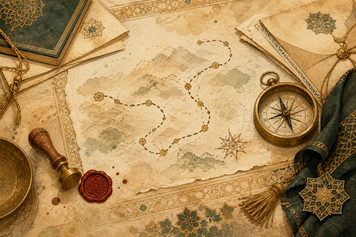 Hand-drawn travel-journal mood image: a sepia-toned route map with compass, wax seal, and ornamented borders.
